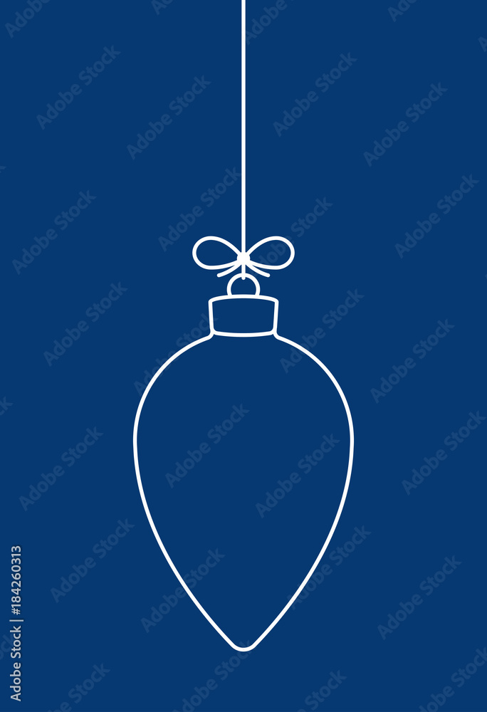 Poster Vector hanging abstract simple line Christmas ball on a string with a bow on a blue background