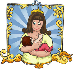 cute mother holding baby hand draw  cartoon illustration with ornamental border