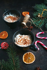 Christmas hot chocolate in a black cup with caramelized oranges, fir branches and candy cane on dark background, Selective focus