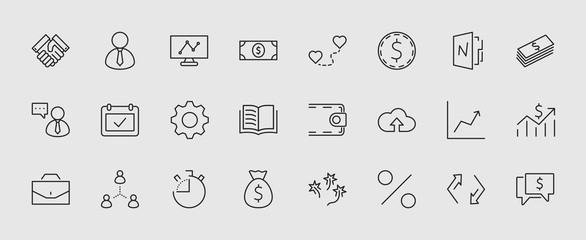 Set of business vector line icons. It contains symbols of a handshake, a user, dollar pictograms, gears, a briefcase, a bag of money, a schedule and much more. Editable move. 32x32 pixels.