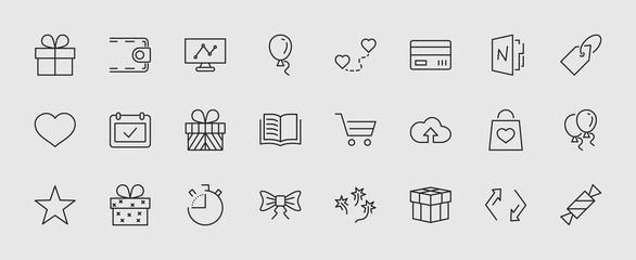 A set of gifts, vector line icons. Contains symbols gift cards, ribbons and more. Editable Stroke. 32x32 pixel.