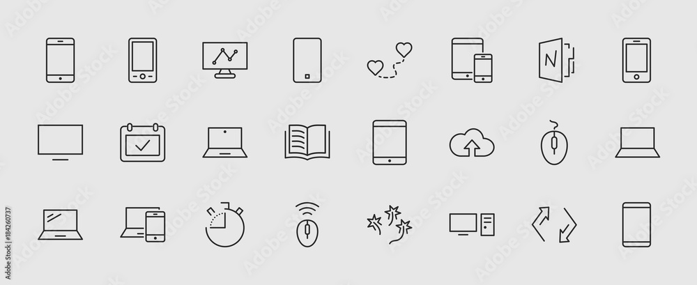 Poster set of smart devices and gadgets, computer equipment and electronics. electronic devices icons for w