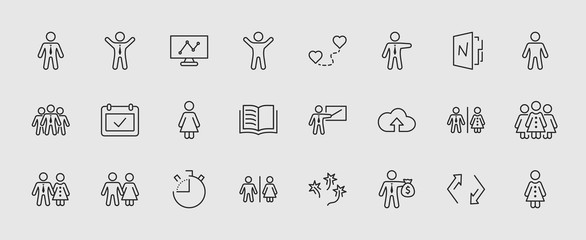 Set of people vector line icons. It contains the symbols of a man, a woman, a family, a toilet, a businessman, a teacher, and much more. Editable move. 32x32 pixels.