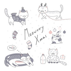 Collection of hand drawn cute funny cartoon cats in hats, with presents, typography. Isolated objects on white background. Vector illustration. Design concept for children, winter holidays, Christmas.