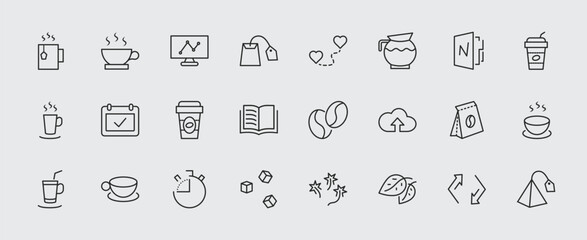 Set of Coffee and Tea Vector Line Icons. Contains such Icons as Cup of Tea,  Teabags, Coffee beans and Green Tea Leaves, a pitcher of Water, Sugar Cubes and more. Editable Stroke. 32x32 Pixel Perfect