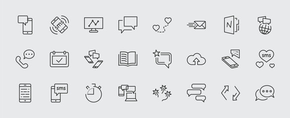 Set of Message Vector Line Icons. Contains such Icons as Conversation, SMS, Heart, Love Chats, Notification, Group Chat and more. Editable Stroke. 32x32 Pixel Perfect.