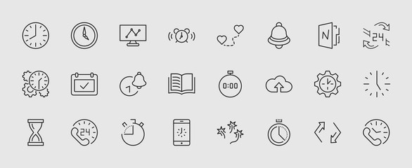 Set of Time Vector Line Icons. Contains such Icons as Timer, Speed, Alarm, Restore, Time Management and more. Editable Stroke. 32x32 Pixel Perfect