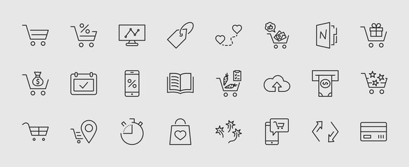 Shopping Cart Vector Line Icons Set: Money, ATM, List Products, Vegetables, Bank Card, Terminal, Bag, Favorite Shopping, Gifts, Express Checkout, Mobile Shop and more. Editable Stroke. 32x32 Pixel