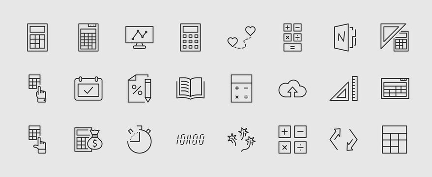 Set of Calculation Vector Line Icons. Contains such Icons as Calculator Icon, Pencil, Click, Money Bag, Percent symbol, Square and Ruler. Editable Stroke. 32x32 Pixel Perfect. © Set Line Vector Icon