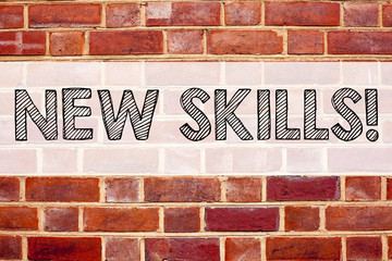 Conceptual announcement text caption inspiration showing New Skills. Business concept for Education Knowledge Development written on old brick background with copy space