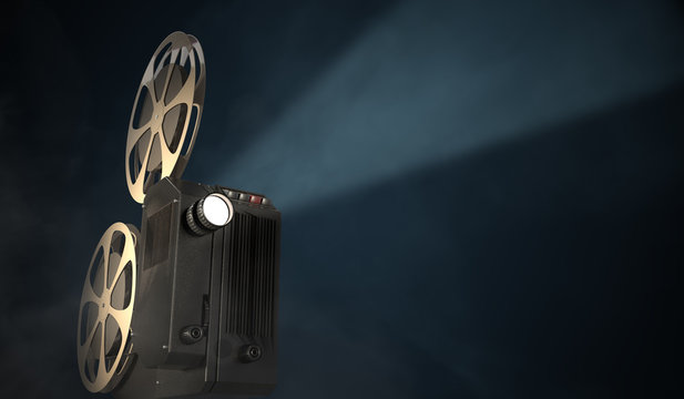 Vintage movie projector on dark background. 3D rendered illustration.