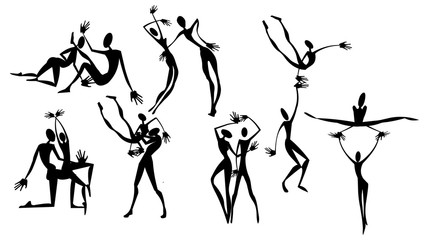 Cave paintings dance art silhouette men vector isolated