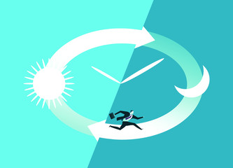 Hurry. Stressed businessman running in clocks dial.  Business concept vector illustration
