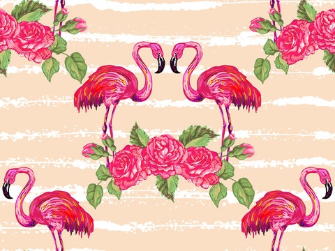 Seamless pattern with pink flamingo and rose flower vector background. Beautiful exotic pattern. Perfect for wallpaper, pattern fill, web page background, surface textures, textile