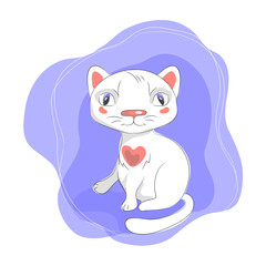 color vector illustration of cartoon white  cat on violet background