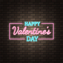 Obraz premium Neon happy Valentine's Day banner. Valentine lamp romance heart shape. Colored vector light glow poster. Nightclub bulb dark brick wall label card design. Holiday greeting. Love background.
