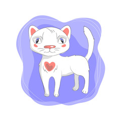 color vector illustration of cartoon white  cat on violet background