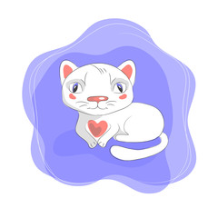 color vector illustration of cartoon white  cat on violet background