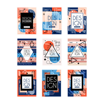 Set of cards with colorful bright abstract geometric design with place for text. Memphis style. Stylish greetings, flyers, hipster poster. Vector isolated on white.