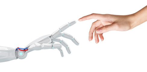 Human hand touching an android hand.