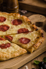 Rustic pizza with tomato, cheese, salami