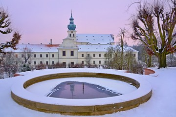 Snowy Winter Garden with Fountain in the Prague Benedictine Monastery