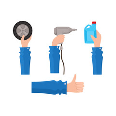 vector flat car service design object icon. Man hand in working uniform holding wrench, engine oil canister, automatic screwdriver, car wheel, showing thumbs up. Isolated illustration white background
