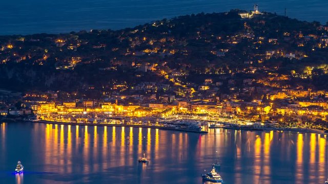 Yachts in port of Saint-Jean-Cap-Ferrat day to night timelapse, France