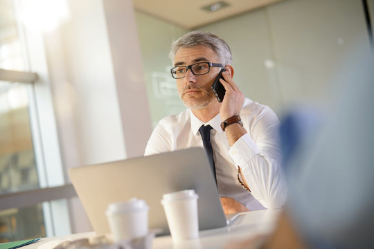 Mature businessman in office talking on phone