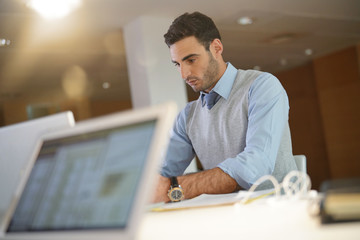 Fototapeta premium Portrait of young businessman working in office