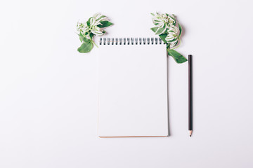 Blank notebook, pencil and green flowers