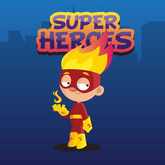 Cute funny boy character in colorful superhero costume cartoon vector Illustration on a blue urban background