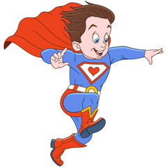 Cartoon superhero flying to help. Design for children's coloring book.