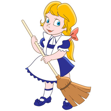 recommend clip art: Cartoon young girl sweeping the floor with a broom. Design for children's coloring book.