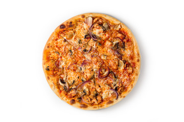 Pizza with ham and mushrooms on white background