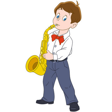 Cartoon boy playing saxophone music. Design for children's coloring book.