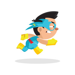 Cute funny superhero boy character in a blue costume and mask running cartoon vector Illustration