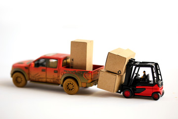 Miniature Worker People, Working of forklift machine with Wood Box to dirty car