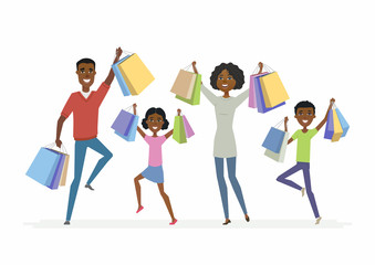 Fototapeta premium Happy African family enjoys shopping - cartoon people characters isolated illustration