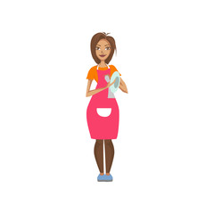 Woman wearing pink apron wiping dishes, housewife at work cartoon vector Illustration
