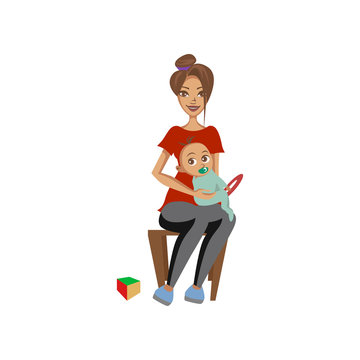 Young woman sitting on chair with toddler baby on her knees mother caring for her child colorful cartoon vector Illustration