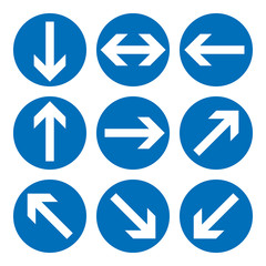 Set of direction signs. Blue circle mandatory informational symbols. Vector illustration isolated on white. White simple arrows. Notice icons. Collection arrows in different directions.