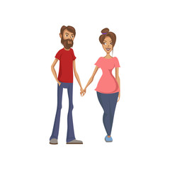 Young family couple holding hands, happy family colorful cartoon vector Illustration