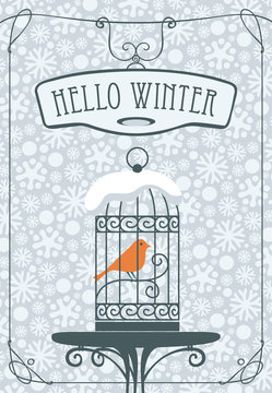 Vector winter banner with lettering Hello Winter with a bird in a cage on the table against the background of seamless pattern of white snowflakes in curly frame.