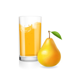 Realistic glass full of juice and pear fruit isolated vector illustration