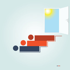 Stairway to the open door with the sun and the blue sky 3 steps