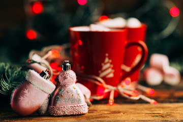 Christmas Hot Chocolate with Marshmallows in Red Mugs, square