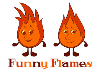 Cartoon Smiling Funny Flames with Red Hair. Vector