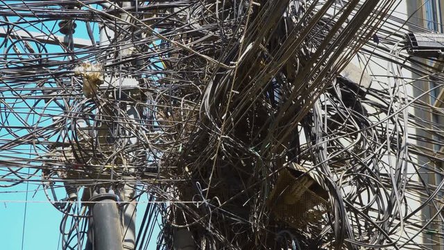 Electrical wires on electricity pylon in Kathmandu. Nepal