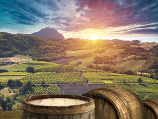 Red wine with barrel on vineyard in green Tuscany, Italy